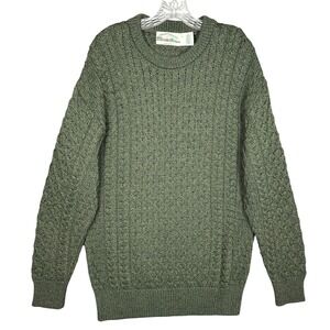 Aran Crafts Sweater Mens L Green Merino Wool Irish Fisherman Cable Knit Pullover
